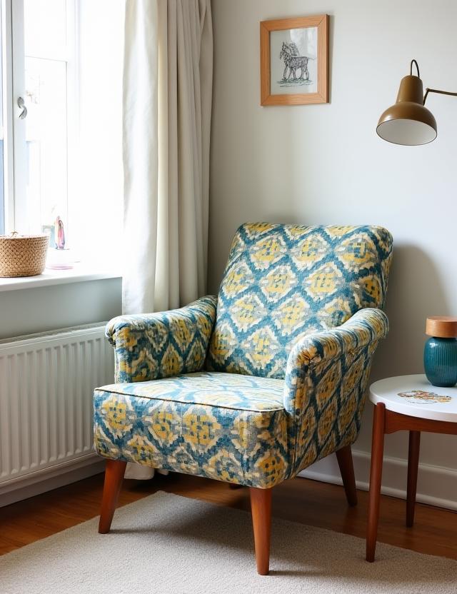 Poltrona vintage rinnovata con un tessuto geometrico di Foderart.