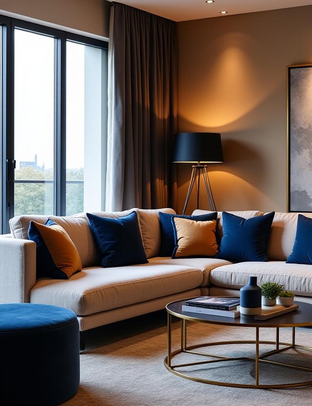 Salotto moderno con cuscini Foderart in tonalità blu e oro.